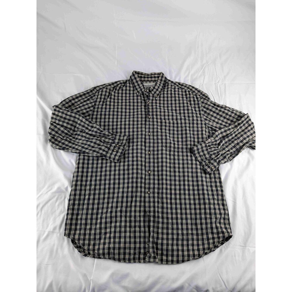 Fieldmaster Men's Black Tan Plaid Long Sleeve Button Down Collared Shirt Large